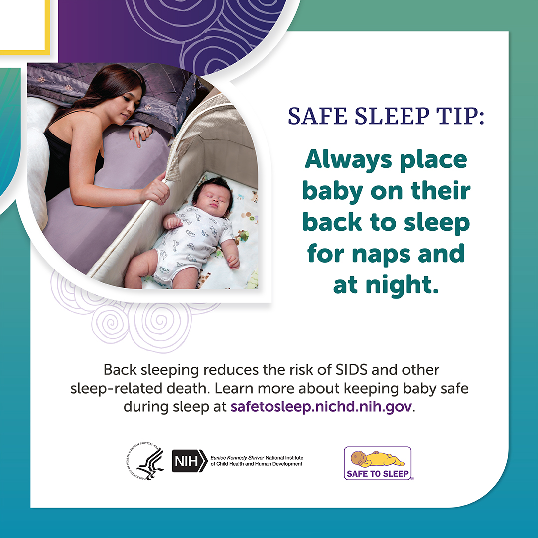  	A woman in an adult bed looking at a baby sleeping on its back in a bassinet next to the bed. Heading: Safe Sleep Tip. Always place baby on their back to sleep for naps and at night. Back sleeping reduces the risk of SIDS and other sleep-related death. Learn more about keeping baby safe during sleep at safetosleep.nichd.nih.gov. Seal of the U.S. Department of Health and Human Services. Logo of the Eunice Kennedy Shriver National Institute of Child Health and Human Development. Logo of the Safe to Sleep Campaign.