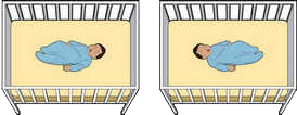 Illustrations of a baby lying on his back in a crib.